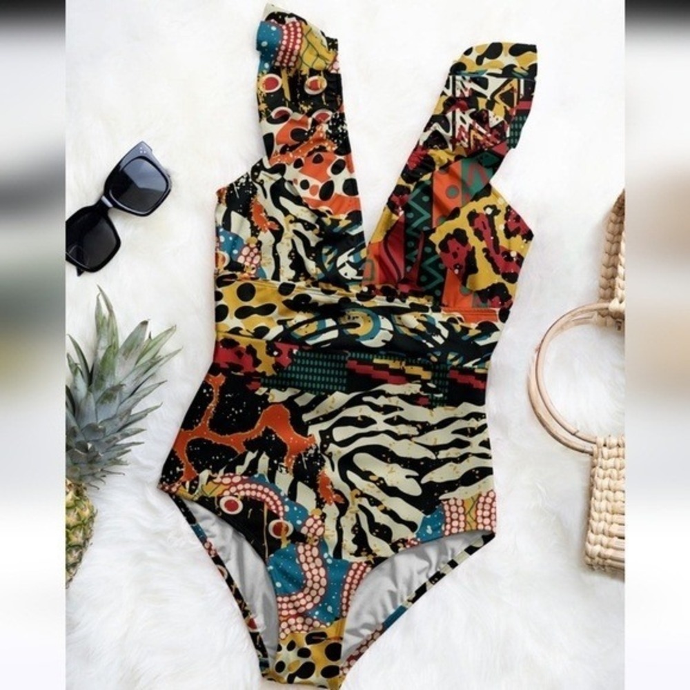 Averie NEW Harlow Tropical Animal Print Deep Plunge One Piece Swimsuit SZ XXXL - Picture 4 of 9